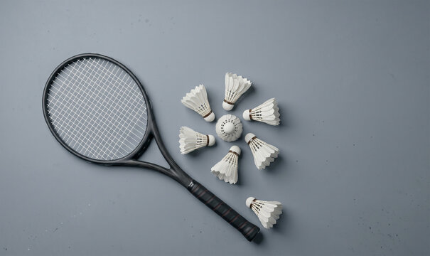 Badminton racket and shuttlecocks, professional indoor sports equipment, athletic training gear, white feathers shuttlecocks layout, racket sports hobby, game equipment on grey, competitive badminton 
