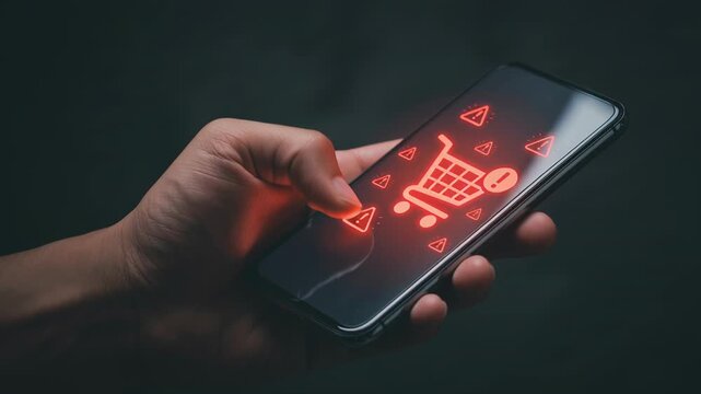 Mobile payment security alert on digital wallet platform with hand holding smartphone showing transaction warning symbol and red warning sign for transaction protection