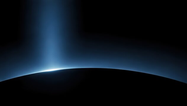 Celestial Beam Over Silhouette: A serene, evocative image showcasing a powerful beam of light piercing through the darkness above a subtle, curved silhouette of a planet.