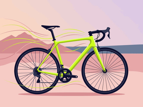 Modern Lime Green Racing Bicycle Vector Illustration with Aerodynamic Motion Lines in a Stylized Desert Sunset Landscape