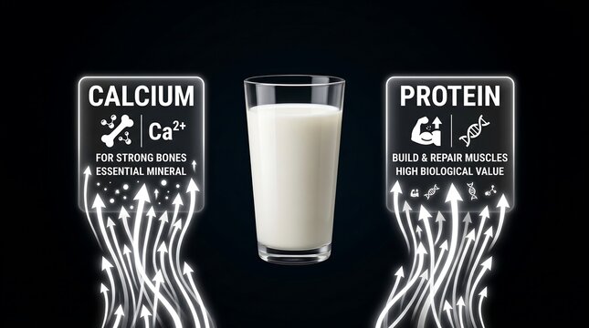 A refreshing glass of milk placed centrally against a deep black background featuring educational infographics about calcium for bone strength and protein for muscle growth