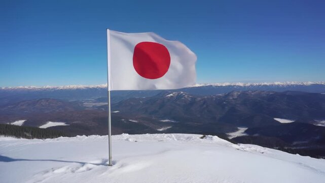 雪山山頂に立つ日本国旗と停滞する経済の象徴