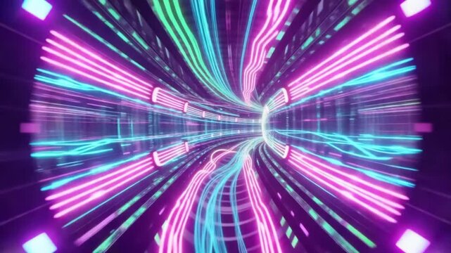 Abstract colorful background with bright glowing lights and vibrant fractal energy patterns animation tech video