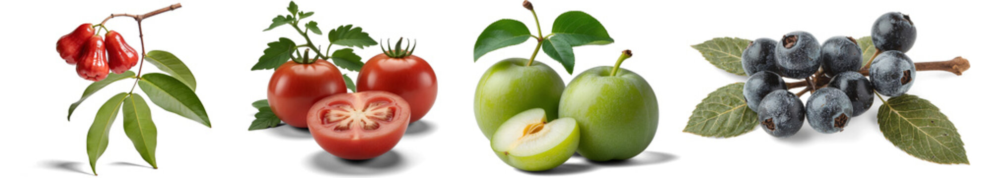 Composition of various fresh ripe fruits isolated on white background, high quality realistic Fruits PNG set and Transparent Background Wax Apple, red tomato, greengage plums, chokeberries.