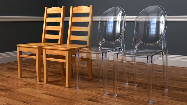 Intriguing group of wooden chair gradually morphing into transparent plastic furniture resting on hardwood floor inside modern interior room