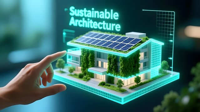Sustainable architecture hologram with solar panels, futuristic green building model with glowing neon interface, eco-friendly smart home design concept