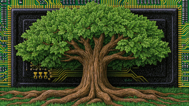 Majestic giant oak tree showing powerful growth with large root wrapping around digital circuit technology combining green nature and connection