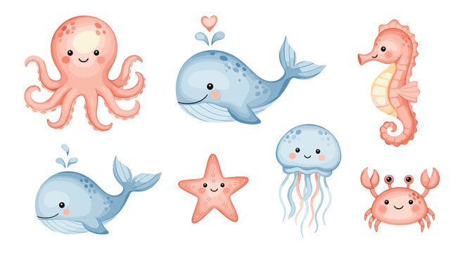 A set of six charming watercolor style marine animals including whales and an octopus are arranged as individual graphic elements on a plain white background.