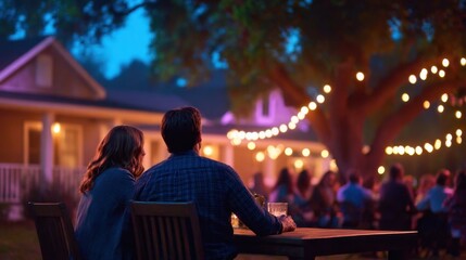 Fototapeta premium A couple enjoys an intimate evening outdoors, surrounded by twinkling lights and friends