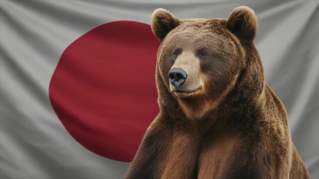 茶色のクマと日本国旗が寄り添う安心感のあるスタジオポートレート