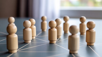 Obraz premium Wooden peg dolls connected by lines on a table representing network and collaboration