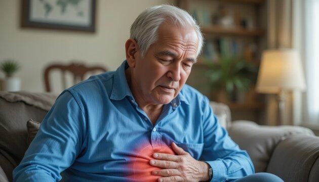 An elderly man in a blue shirt sits on a couch, clutching his chest with a pained expression, indicating possible chest pain or heart discomfort.
