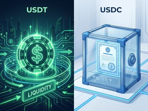 Comparison illustration of USDT and USDC stablecoins, highlighting liquidity with a neon chip and trust with a secured certificate.