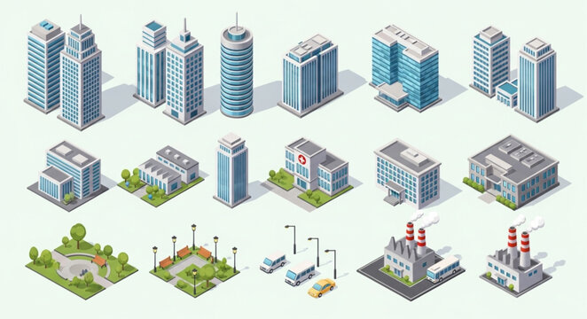 Collection of isometric city buildings and structures illustration.