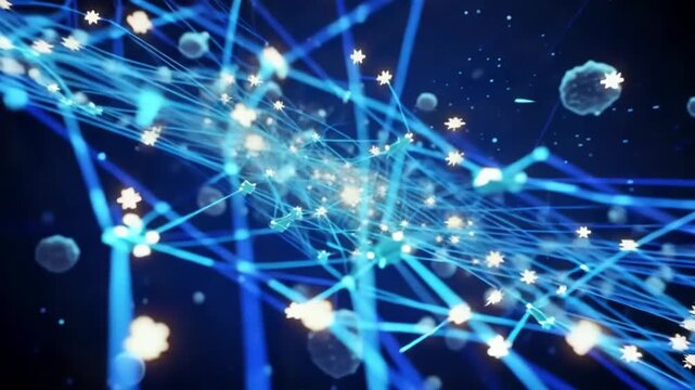 A futuristic blue light flare illuminates the glowing digital planet against a dark sky animation tech video