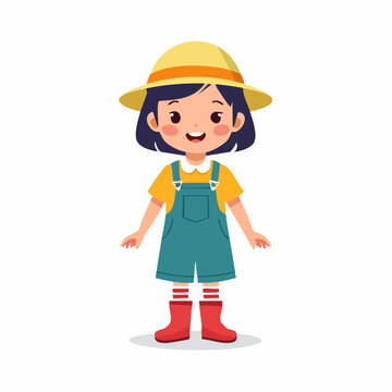 Cartoon Girl in Overalls and Straw Hat