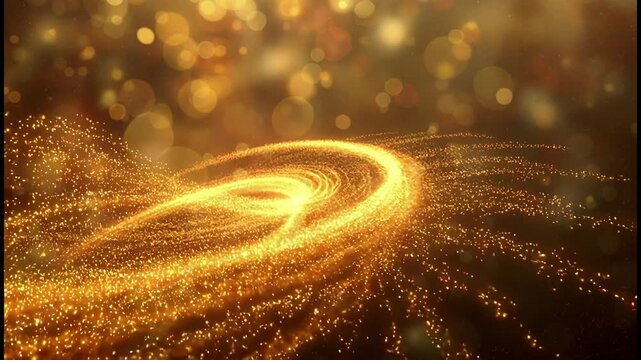 Abstract golden firework explosion with swirling light trails and bokeh particles
