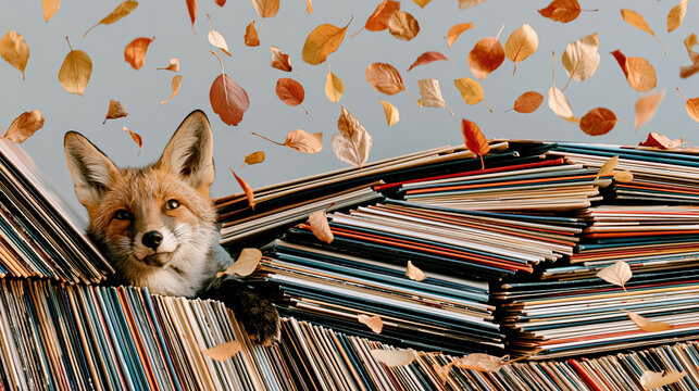 Playful fox peeking over stack of vinyl record albums with falling autumn leaf flying around showing curious expression