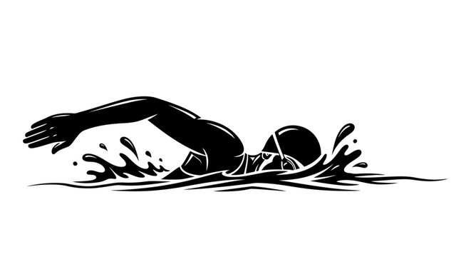 Swimmer performing freestyle stroke illustration, black and white vector.