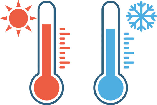 Hot and cold thermometer icon set, minimalist vector icons of thermometers showing extreme temperatures for climate analysis weather apps and measurement graphics.