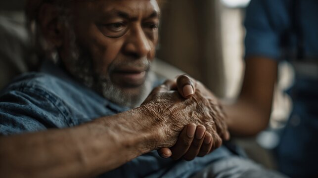 Senior man holding grandchild's hand with care and affection. Family bonding, intergenerational love, and childcare support concept.
