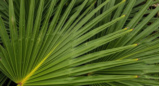 Lush green palm leaf fronds overlap showing detailed veins and tropical textures. Wallpaper Background image