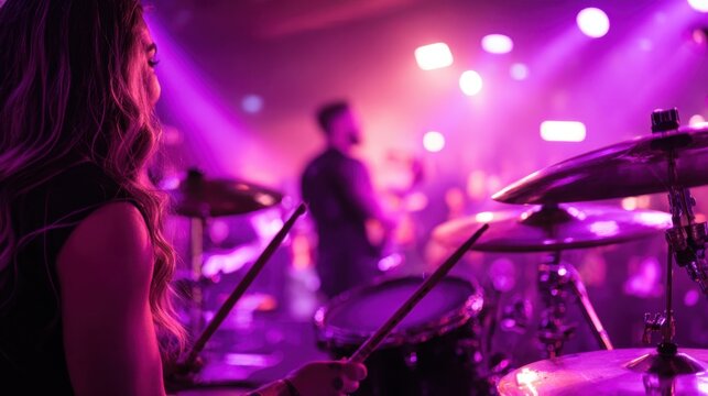 A drummer performs passionately on stage, surrounded by vibrant lights and a lively audience
