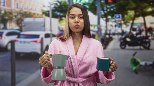 Woman in pink bathrobe holds coffeemaker and cup with hands on a street while puffing her cheeks; morning ritual relaxed.
