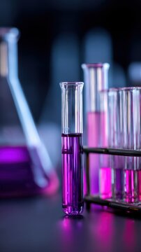 A vibrant arrangement of test tubes and beakers filled with vivid purple liquids in a lab setting