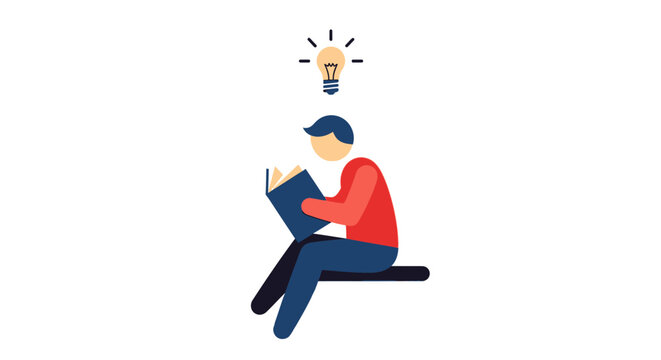 a man sitting on a bench with a book and a lightbulb above his head.
