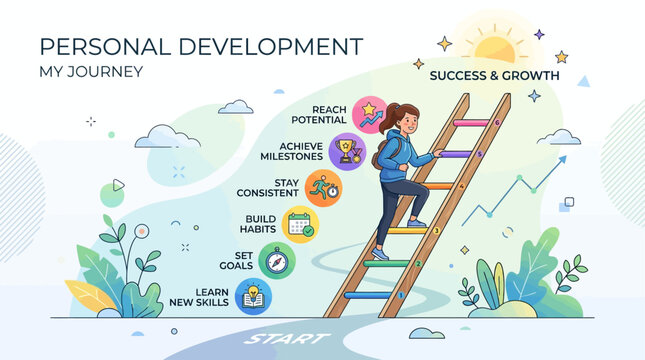 Woman on a ladder to personal development success.