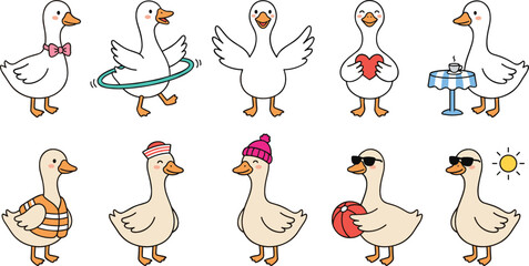Obraz premium Cute goose characters collection with funny poses accessories and seasonal activities cartoon vector illustration isolated on background