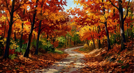 Obraz premium Autumn forest path with colorful fall foliage landscape painting