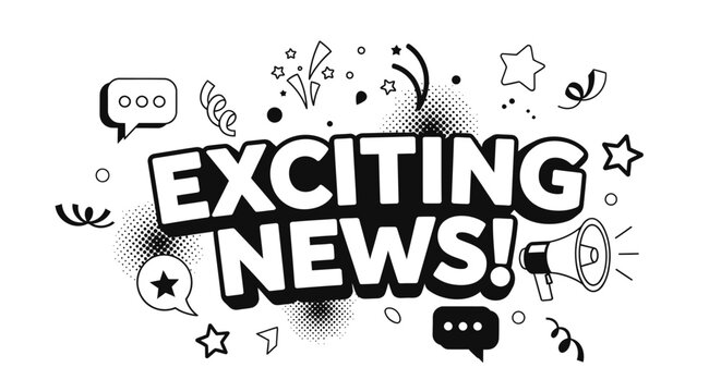 Exciting News text in comic book pop art style with megaphone.