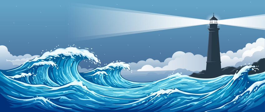 Stormy ocean waves with lighthouse at night seascape illustration