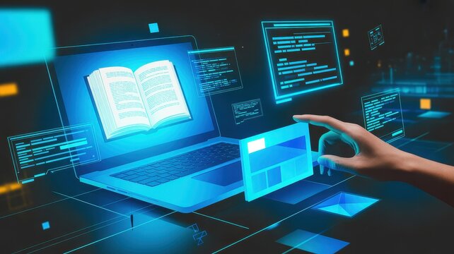 Digital technology concept with virtual book on laptop screen and interactive interface