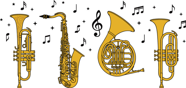 Brass musical instruments collection featuring trumpet saxophone french horn and euphonium with music notes vector illustration isolated background