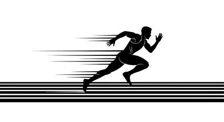 Sprinting athlete silhouette on running track. Professional runner in high speed motion with trail lines. Black and white vector illustration of a male sprinter, sports competition, and fast success c © Hafiz
