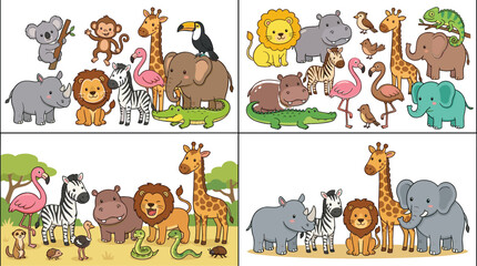 Fototapeta premium Safari animals collection featuring lion elephant giraffe zebra flamingo and crocodile in cute cartoon vector illustration scenes isolated background