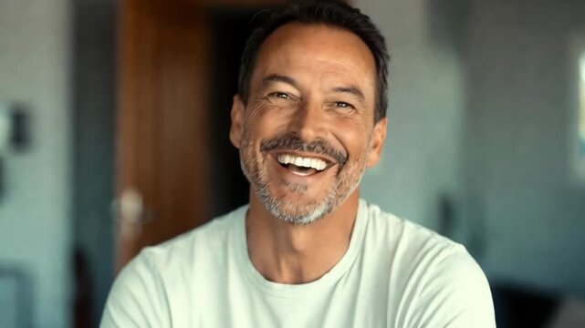 Static close up tilt shot of middle aged man smiling and speaking in interior home room doorway during daytime