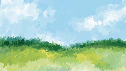 Green meadow landscape with blue sky watercolor illustration © Kusum