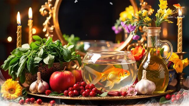 Haft Seen traditional Persian New Year celebration table setting.