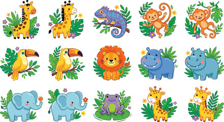 Cute jungle animals collection featuring giraffe monkey lion elephant hippo toucan and chameleon in cartoon vector illustration style isolated background © Jahangir