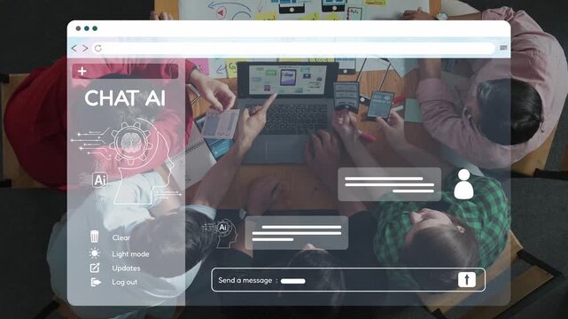 A high-angle view of a collaborative team meeting featuring a digital chat interface and AI graphics, illustrating modern communication in professional settings. Raster