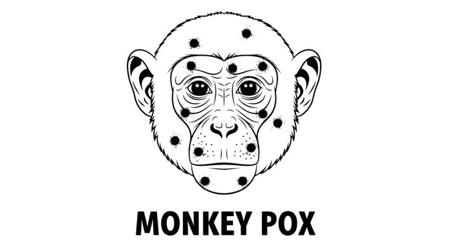 Monkeypox virus awareness illustration with monkey face and skin rash spots.