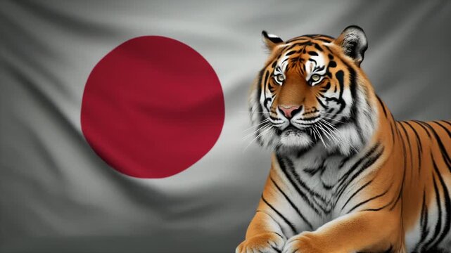 日本国旗と虎が並ぶ新年祝いのスタジオポートレート