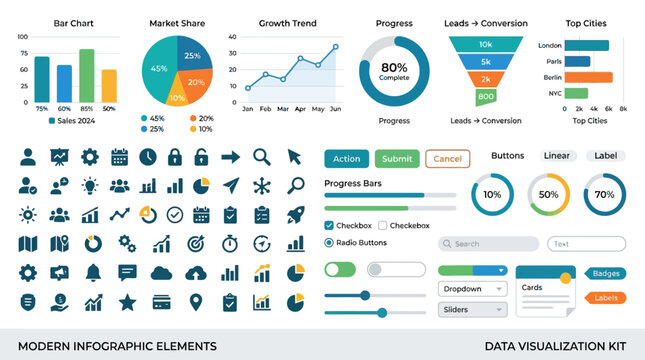 Business infographic elements showcase various charts and graphs in office