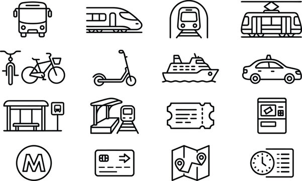 Public transportation line icons set, 16 urban travel and transit vector elements, city commute and vehicle symbols for mobile apps and maps
