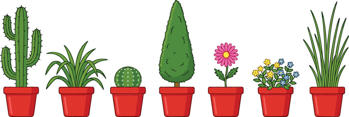 Potted plants collection featuring cactus flowers and indoor greenery in decorative red pots cartoon vector illustration isolated on background © Jahangir