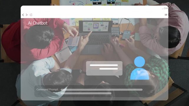A top-down view of a diverse team engaged in an interactive brainstorming session focusing on AI chatbot development using various digital devices and notes. Raster